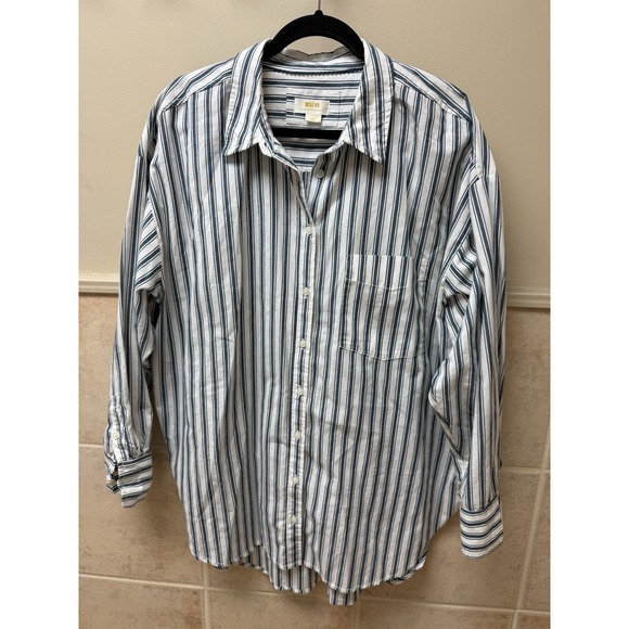 Maeve Anthropologie Blue Stripe Button Down Shirt XL Relaxed Oversized Coastal - Picture 3 of 10